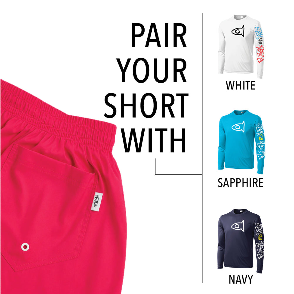 Promotional graphic showing bright pink shorts on the left and three long-sleeve shirts on the right labeled White, Sapphire, and Navy. Large text reads 'PAIR YOUR SHORT WITH.