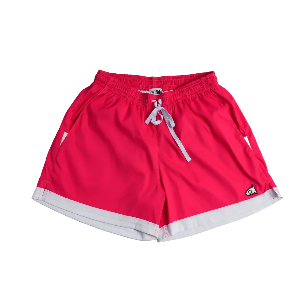 Bright red athletic shorts with a white drawstring and white contrast trim along the hem, shown flat on a light gray background.