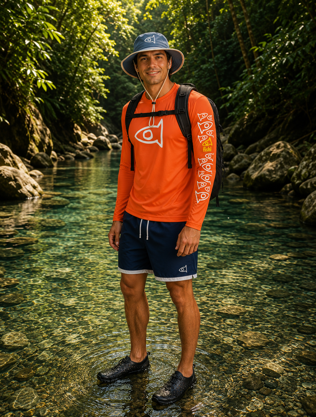 A man standing in a clear, rocky stream surrounded by lush green forest, wearing an orange long-sleeve performance shirt with a white fish logo on the chest and sleeve, navy blue shorts, a blue bucket hat, and a black backpack.