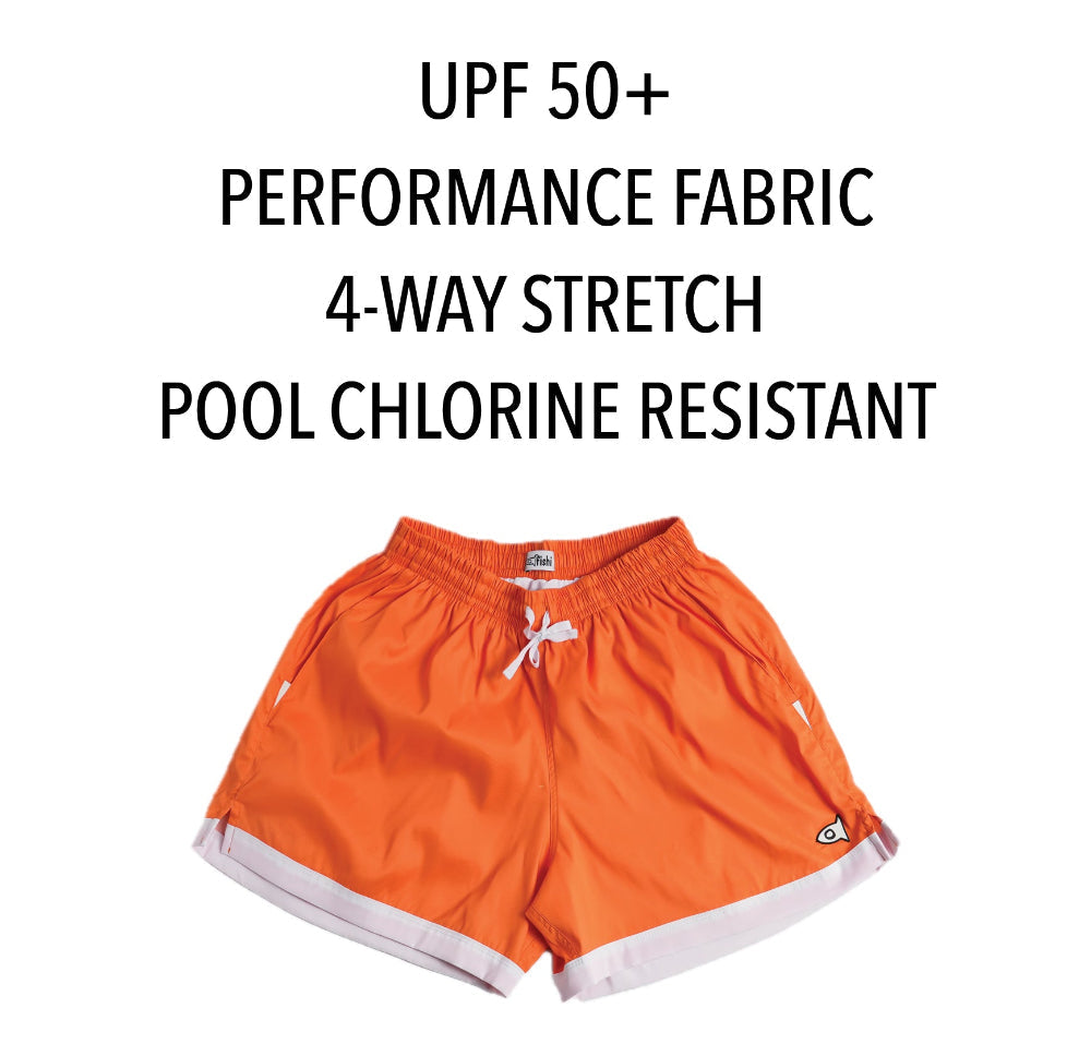 Bright orange Quiksilver swim trunks with white trim and a white drawstring, displayed below bold black text highlighting UPF 50+ performance fabric, 4-way stretch, and pool chlorine resistance.