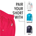 Promotional graphic showing bright pink shorts on the left and three long-sleeve shirts on the right labeled White, Sapphire, and Navy. Large text reads 'PAIR YOUR SHORT WITH.