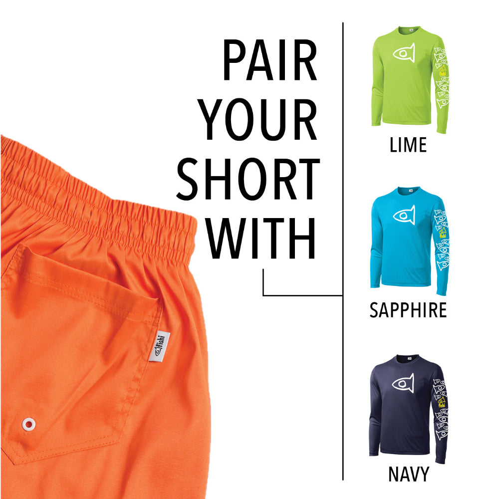 Promotional graphic showing bright orange shorts on the left and three long-sleeve shirts on the right labeled Lime, Sapphire, and Navy, with large text reading 'PAIR YOUR SHORT WITH' on a white background.