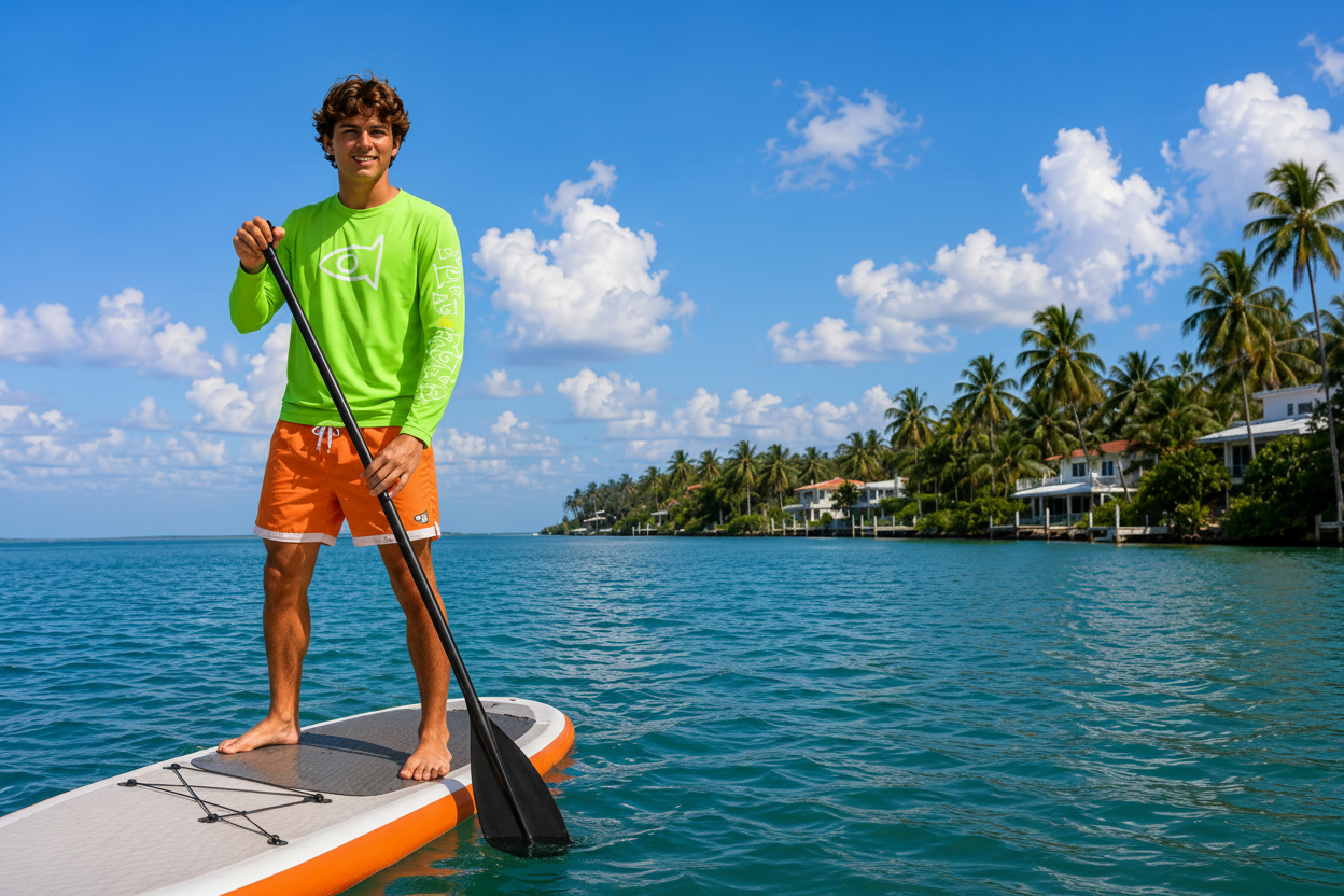 A man stands on a stand-up paddleboard on turquoise water, wearing a bright neon green long-sleeve shirt with a white logo and orange shorts. Palm trees and resort buildings line the distant shore under a blue sky with white clouds.
