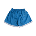 Blue athletic shorts with a white contrast hem and a side pocket, laid flat on a light gray background.