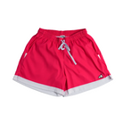 Bright red athletic shorts with a white drawstring and white contrast trim along the hem, shown flat on a light gray background.